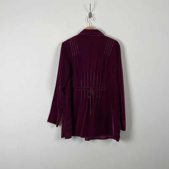 Denim & Co Velvet Long Sleeve Button Down Womens L Wine Color Stretch Blouse - Picture 5 of 8
